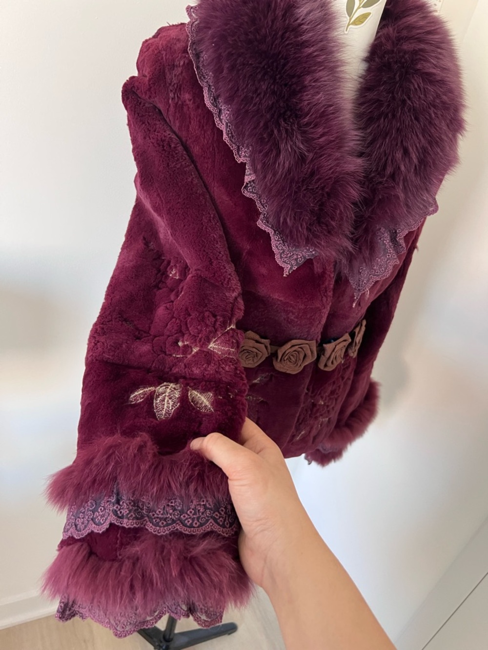 Vintage Purple Real Rabbit Fur Jacket w Fox Collar & Rose Belt Embroidered M - Picture 3 of 14